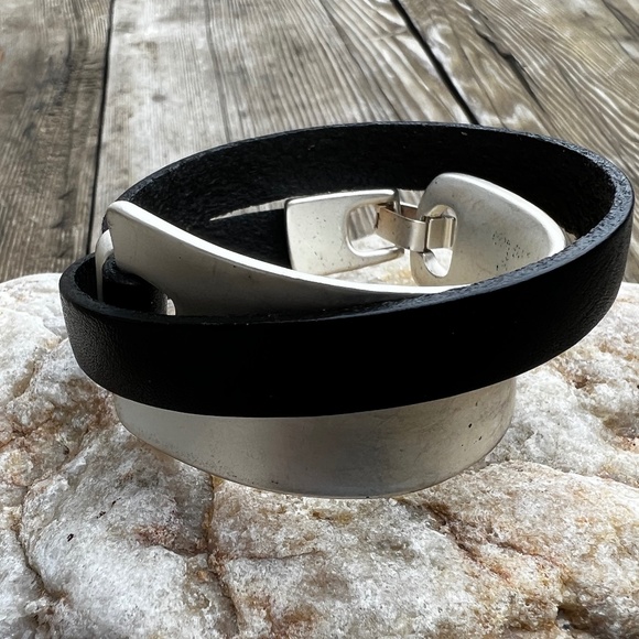 New Leather + Silver Metal Modern Wrap Bracelet Black Satin Distressed Finish - Picture 4 of 10